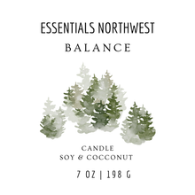Load image into Gallery viewer, Product label for 'Balance' candle by Essentials Northwest with green foliage design on a white background.