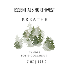 Load image into Gallery viewer, Product label for 'Breathe' candle by Essentials Northwest with green foliage design on a white background. 7 oz