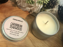 Load image into Gallery viewer, Caribbean Teakwood, soy candle, 4 ounce tin, candle
