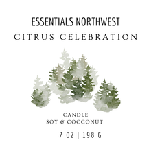 Load image into Gallery viewer, 7 oz candle jar Label for 'Citrus Celebration' candle by Essentials Northwest with greenery design.
