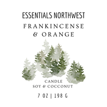 Load image into Gallery viewer, 7 oz candle jar Label for Essentials Northwest Frankincense &amp; Orange essential oils candle with green foliage design on a white background.
