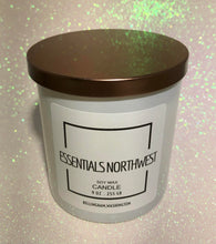 Load image into Gallery viewer, 9 oz candle jar, white glass with copper colored lid on sparkly background 
