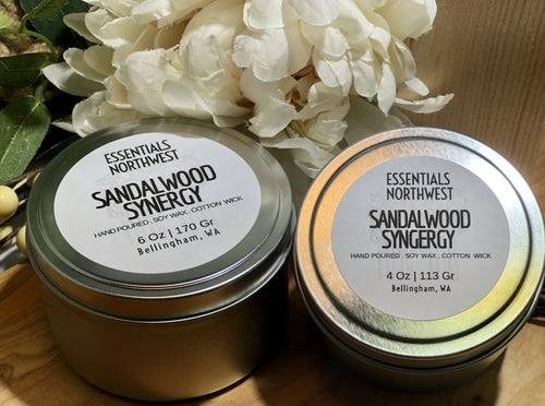 Sandalwood synergy, 6 ounce soy candle tin, 4 ounce soy candle tin