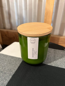 Forest green glass vessel, wood wick, candle, 12 oz