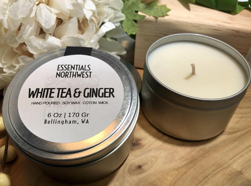 White Tea & Ginger, 6 ounce soy candle tin